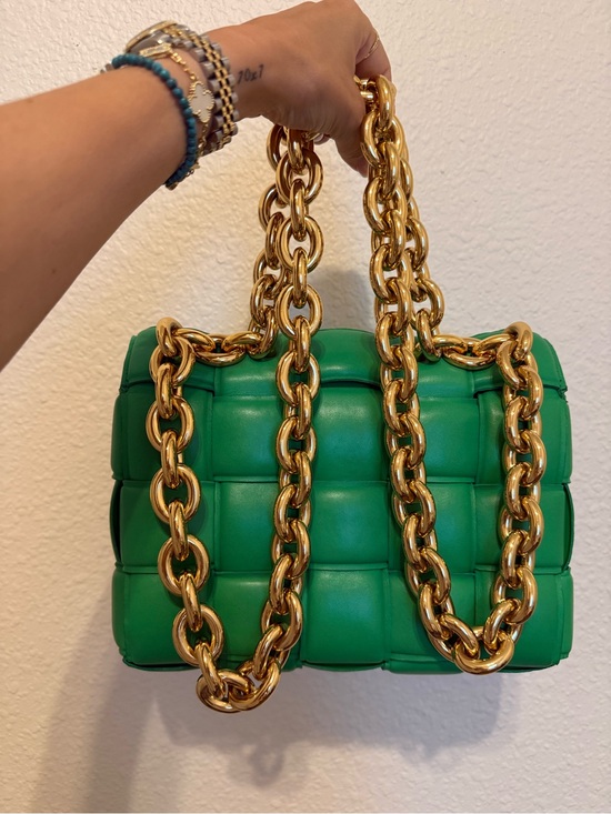 Bottega Veneta Handbags - Bottega Veneta Green Padded Leather Shoulder Bag with Gold Chain